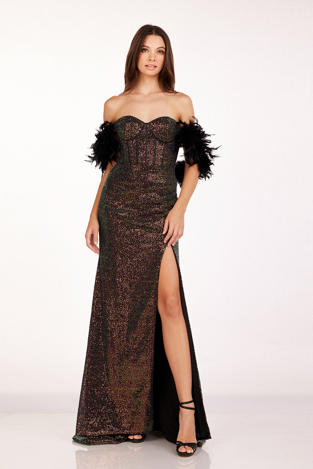 Feather Off Shoulder Slit Gown by Abby Paris 90254