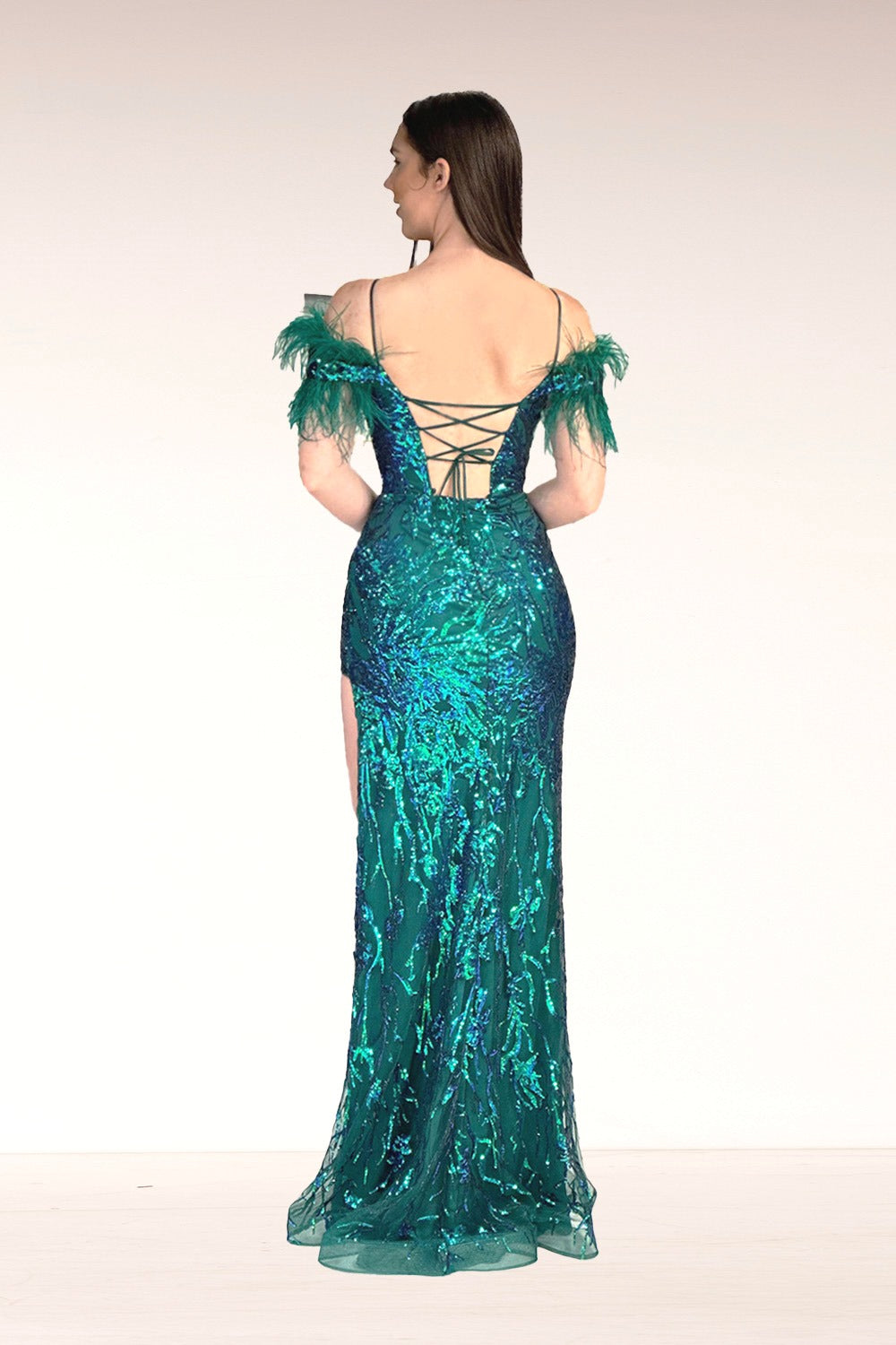 Sequin Feather Cold Shoulder Gown by Abby Paris 90271