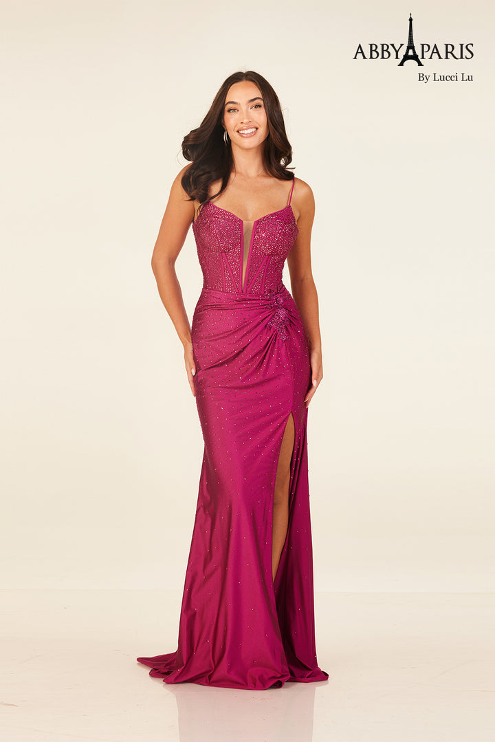 Beaded Jersey Corset Slit Gown by Abby Paris 90313