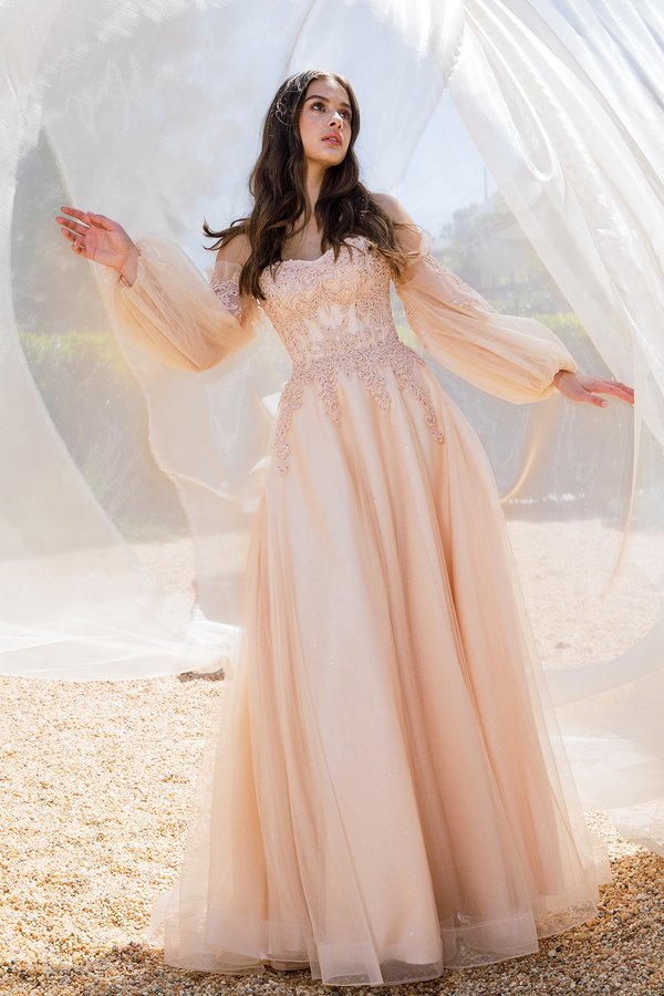 Strapless Puff Sleeve A-Line Gown by Eureka 9505 2XL / Champagne Rose