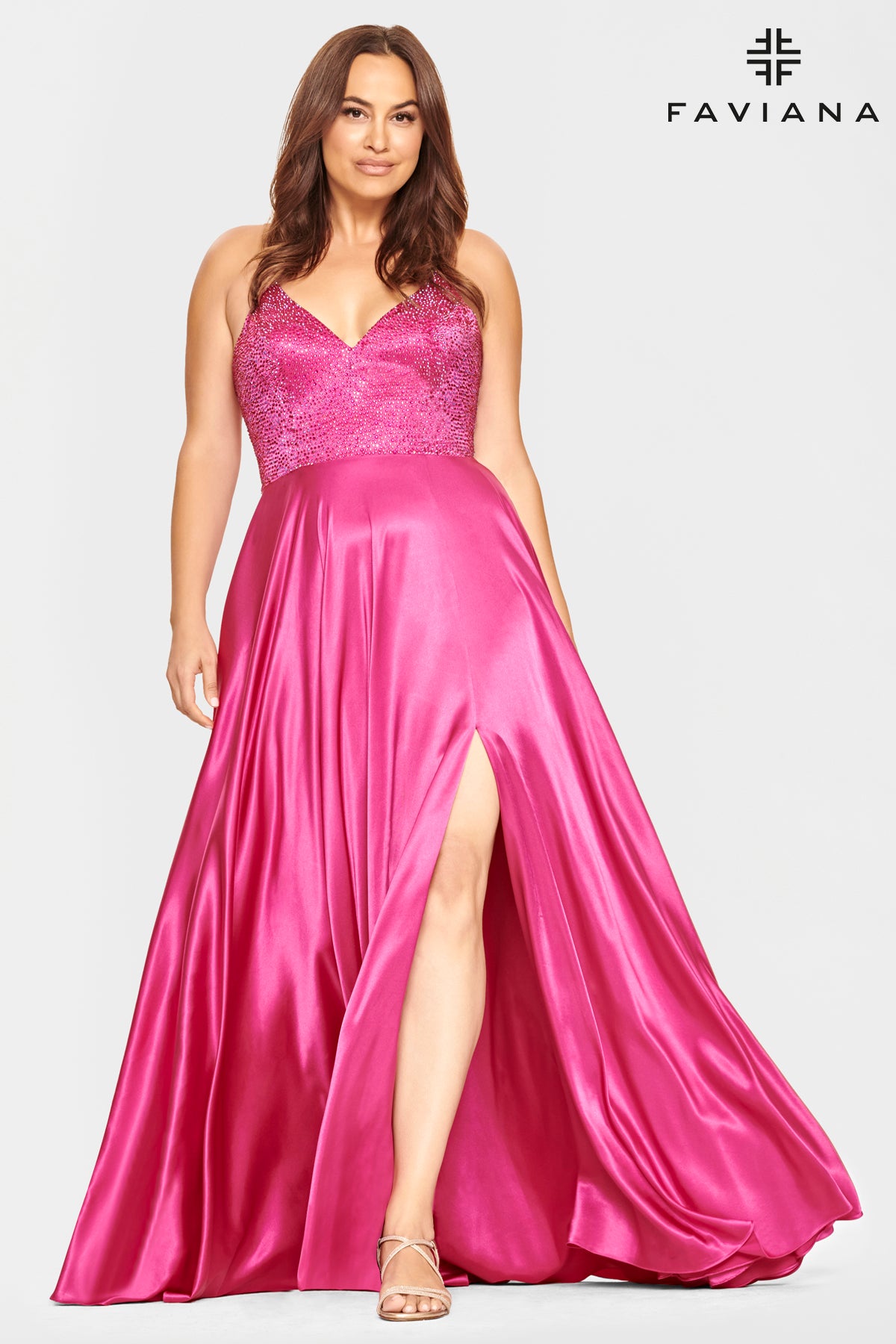 Plus Size Beaded Charmeuse Gown by Faviana 9524 14W / Steel Blue