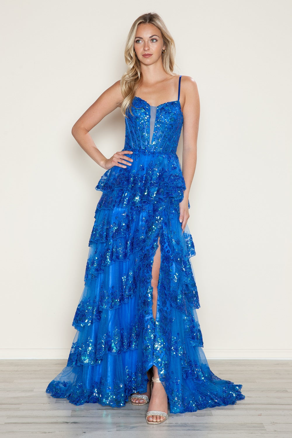 Applique Sleeveless Tiered Slit Gown by Poly USA 9606