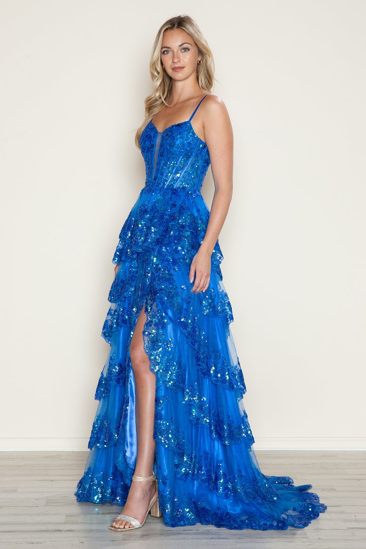 Applique Sleeveless Tiered Slit Gown by Poly USA 9606