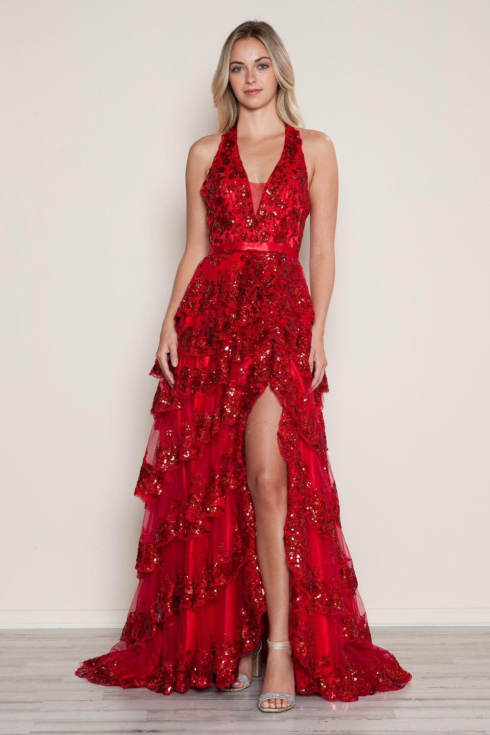 Applique Halter Tiered Slit Gown by Poly USA 9618 Applique Halter Tiered Slit Gown by Poly USA 9618