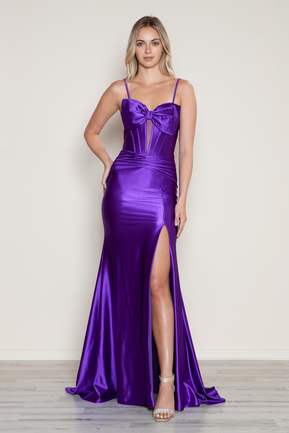 Poly USA 9644 Satin Fitted Sleeveless Slit Gown | FormalDressShops Purple / 2XL Poly USA 9644 Satin Fitted Sleeveless Slit Gown | FormalDressShops Purple / 2XL