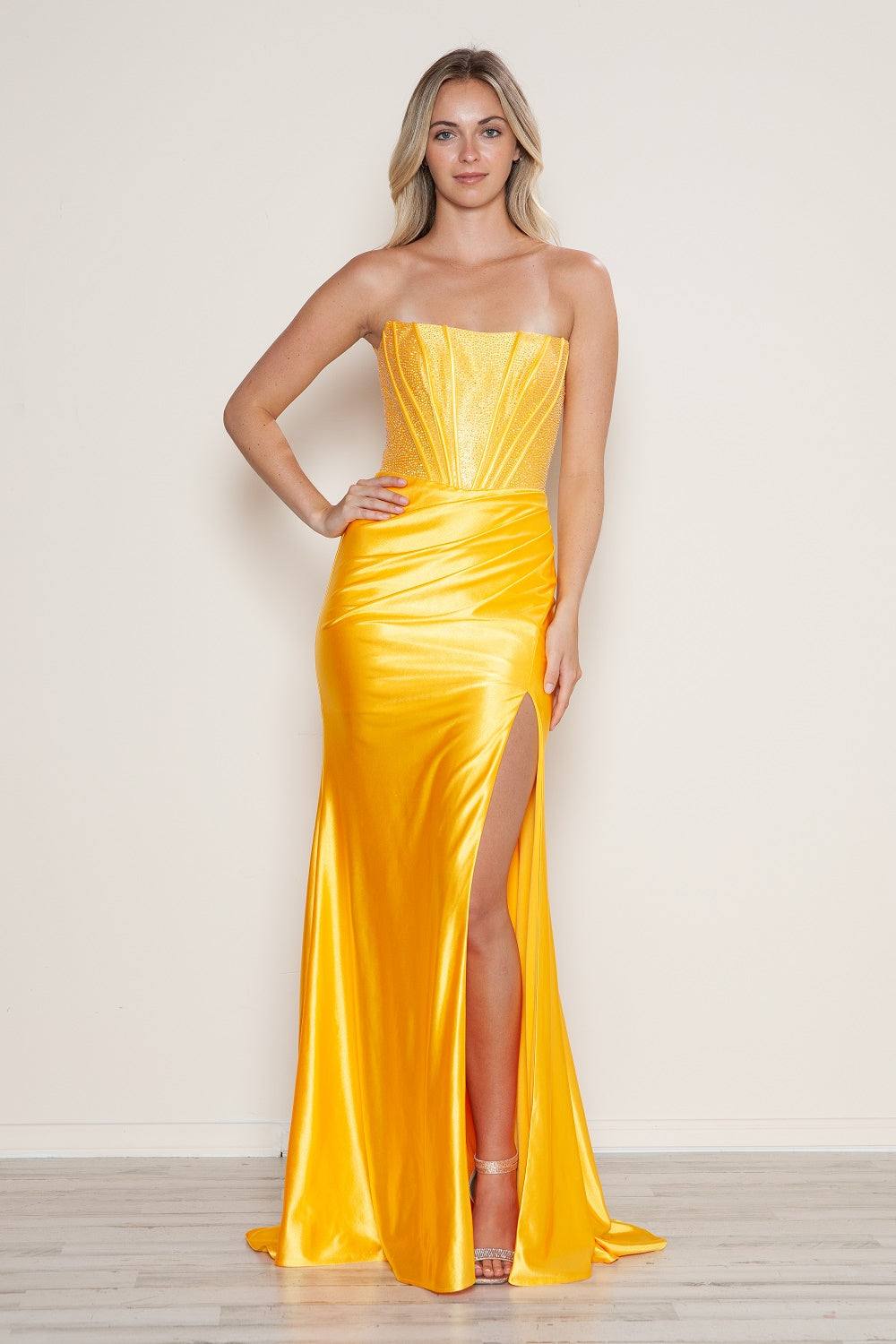Poly USA 9656 Beaded Satin Fitted Corset Slit Gown | FormalDressShops Yellow / S Poly USA 9656 Beaded Satin Fitted Corset Slit Gown | FormalDressShops Yellow / S