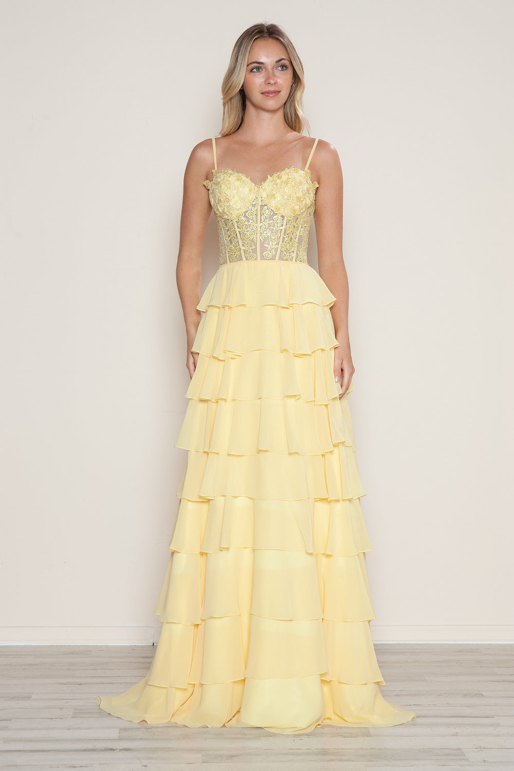 Poly USA 9698 Applique Chiffon A-Line Tiered Gown | FormalDressShops Yellow / S Poly USA 9698 Applique Chiffon A-Line Tiered Gown | FormalDressShops Yellow / S