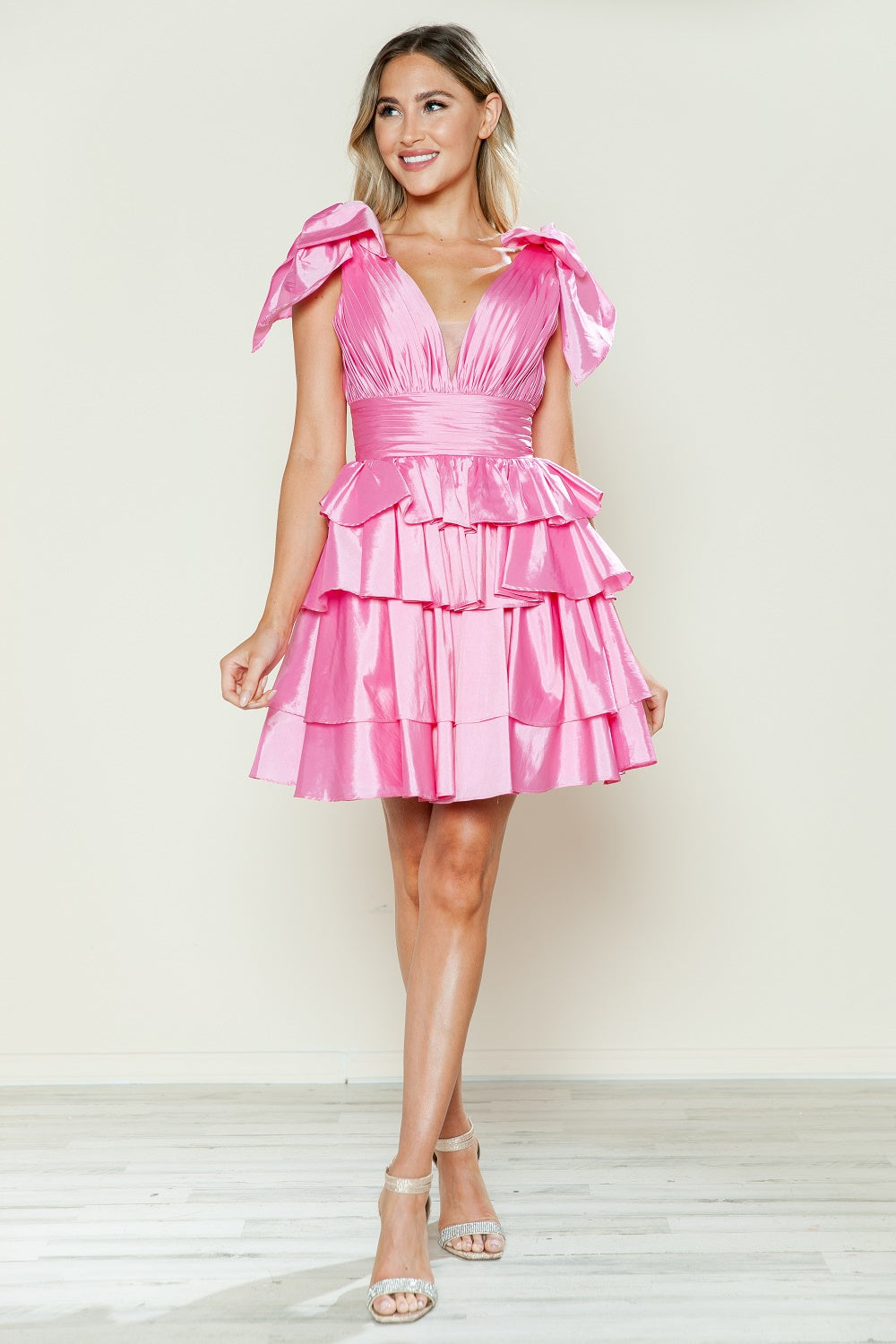 Taffeta Short Bow Ruffled Dress by Poly USA 9742 ABC Fashion Taffeta Short Bow Ruffled Dress by Poly USA 9742 ABC Fashion