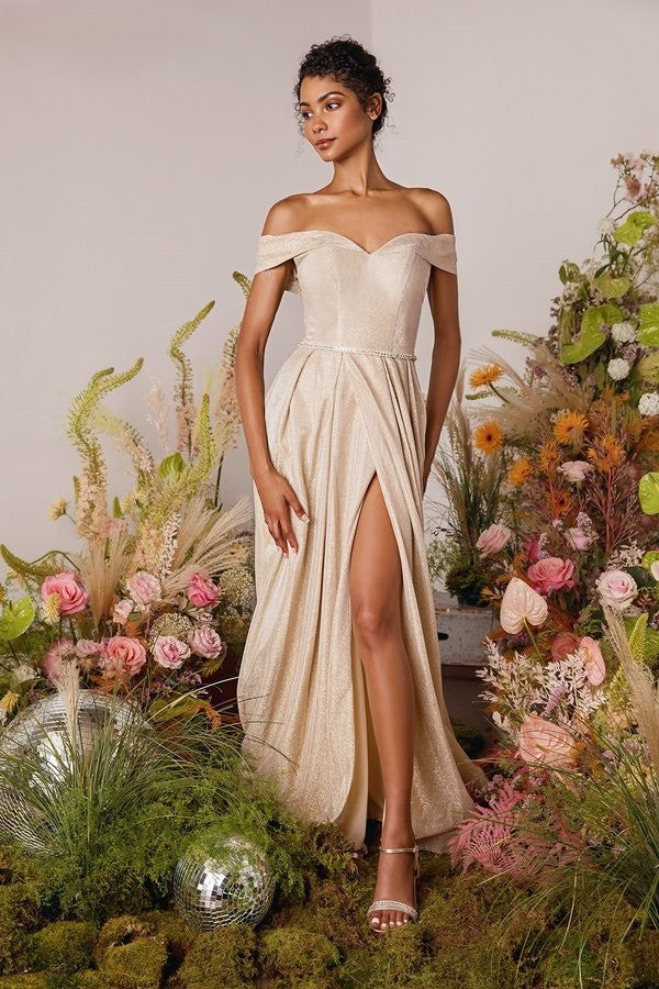 metallic off the shoulder dress Metallic Off Shoulder A-line Slit Gown by Eureka 9808 2XL / Champagne