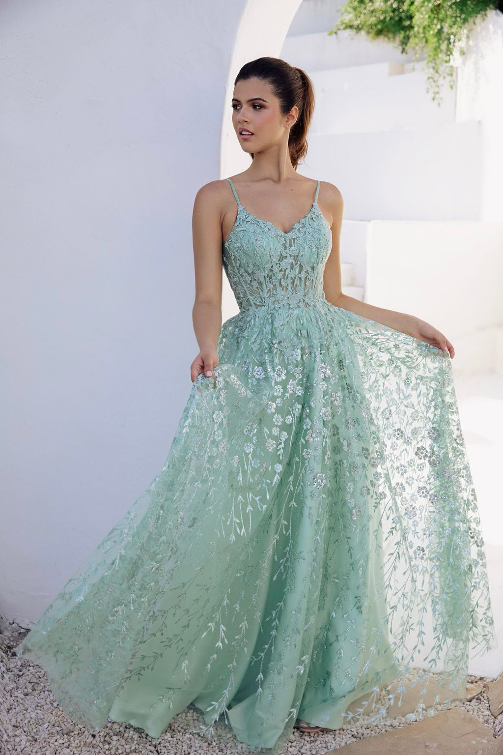 Glitter Print V-Neck A-Line Gown by Eureka 9908 L / Sage/Sage