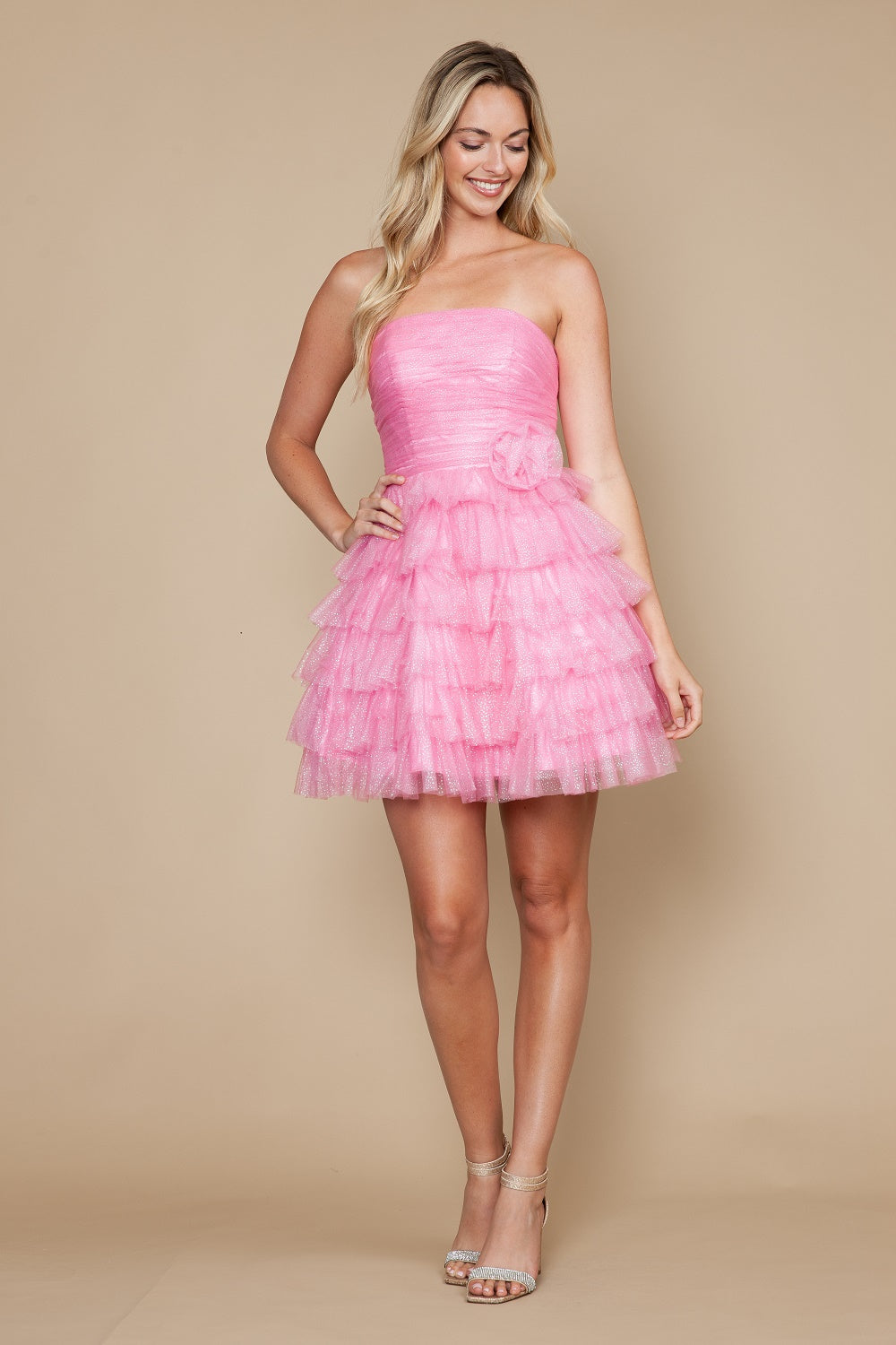 pink glitter dress short Glitter Short Strapless Ruffled Dress by Poly USA 9912 – ABC Fashion