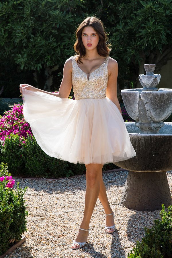Beaded Short V-Neck A-line Dress by Eureka 9926 M / Champagne Beaded Short V-Neck A-line Dress by Eureka 9926 M / Champagne
