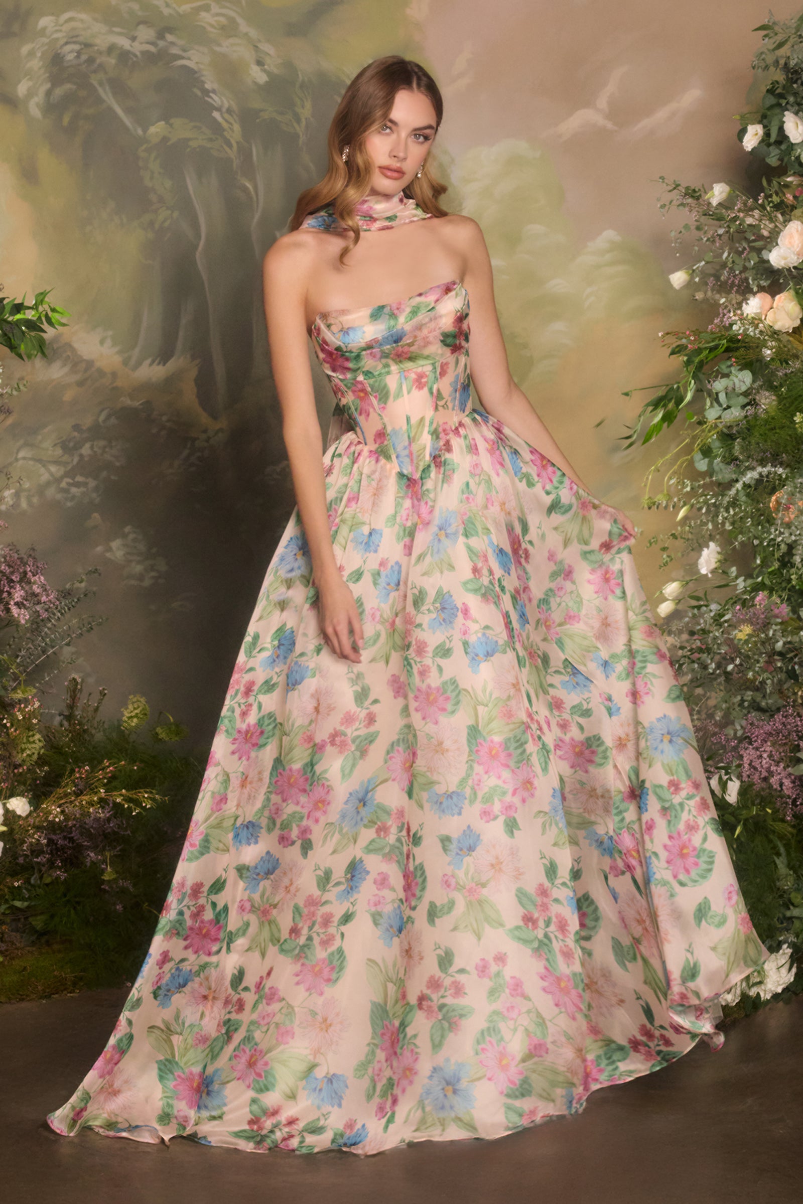 Floral Print Strapless Gown by Andrea and Leo A1425 16 / Pink Blue
