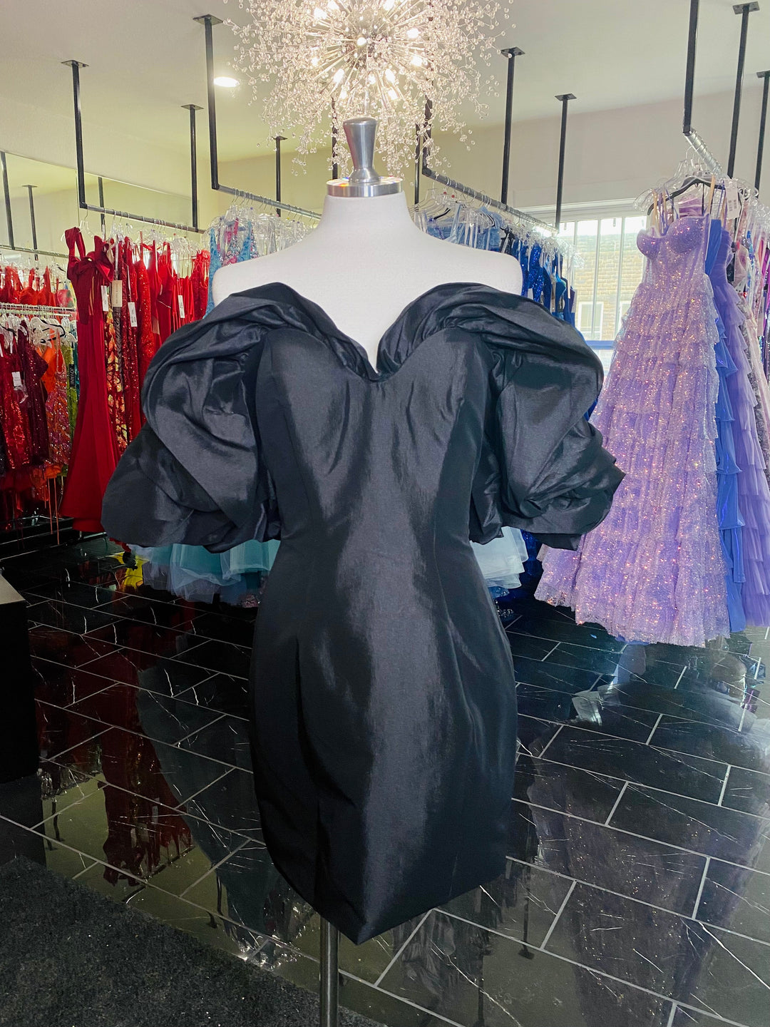 Satin Short Off Shoulder Dress by Jovani 40378