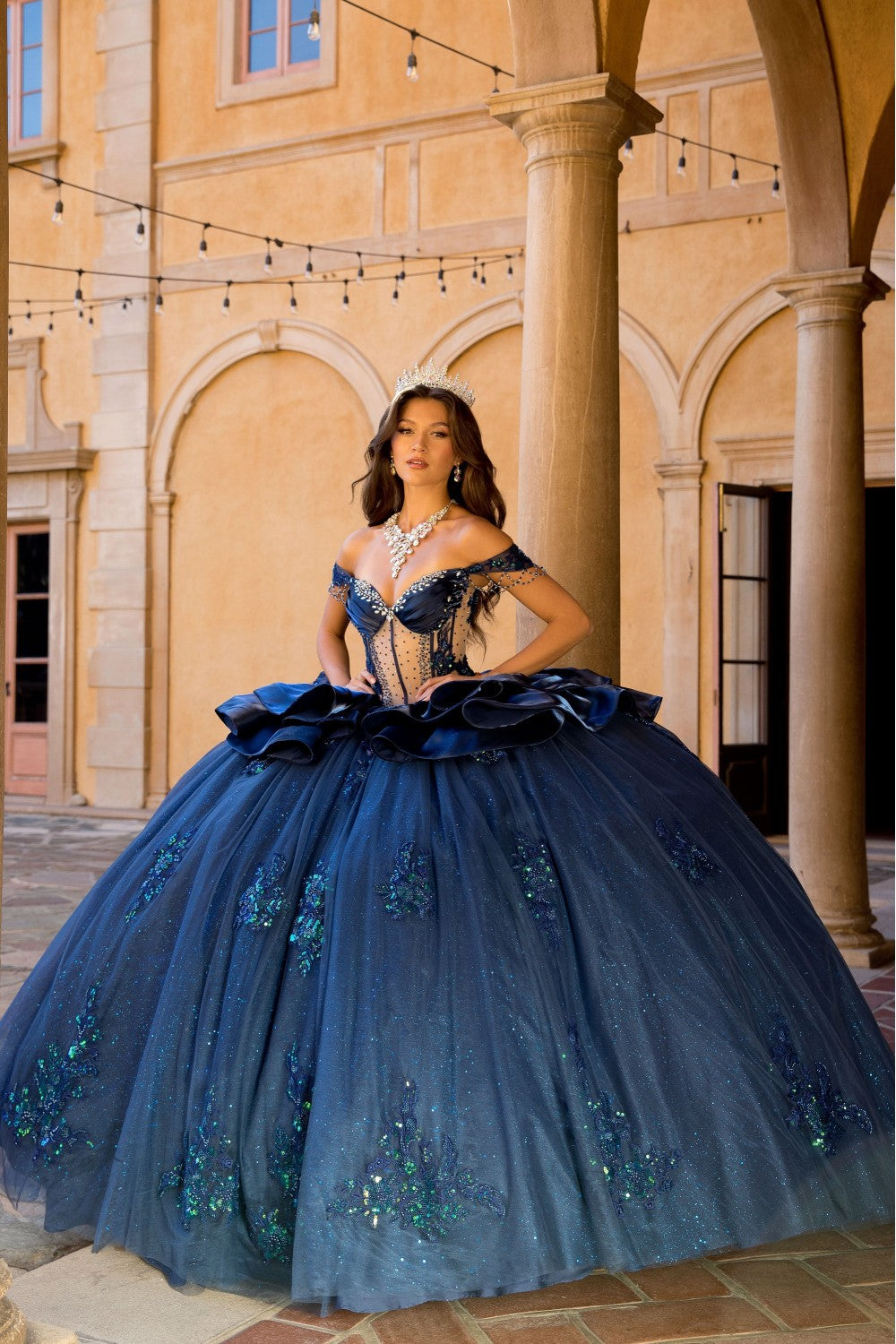 Off Shoulder Ruffled Ball Gown by Petite Adele PQ1079 XL / Navy Off Shoulder Ruffled Ball Gown by Petite Adele PQ1079 XL / Navy