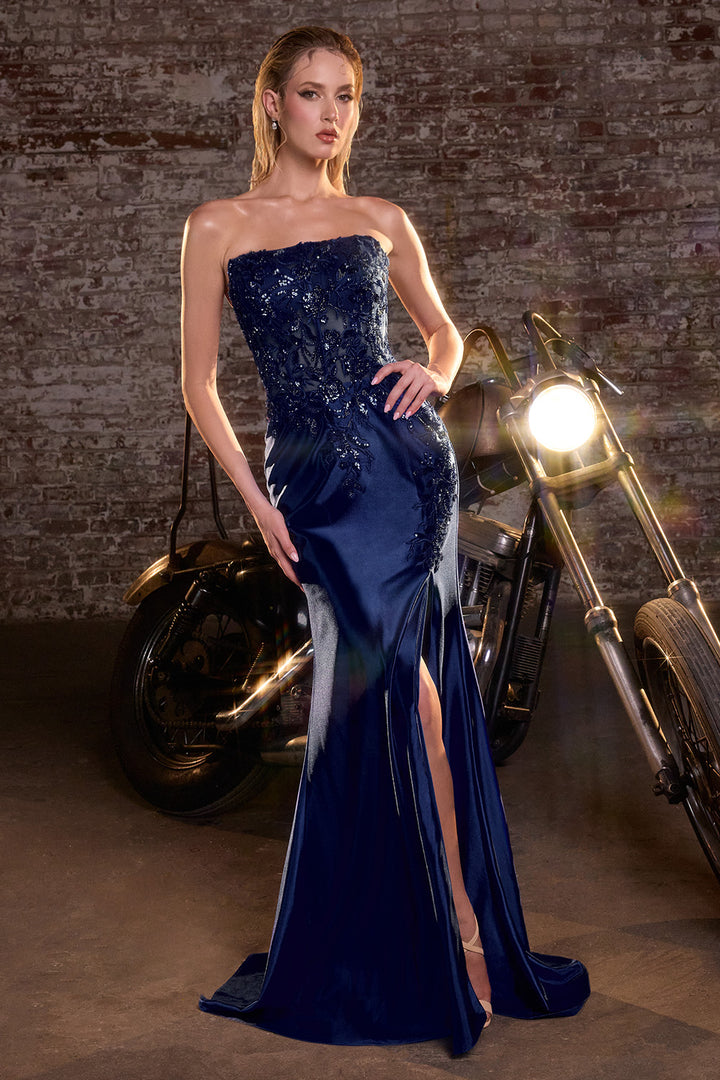 Applique Satin Strapless Slit Gown by Ladivine C168