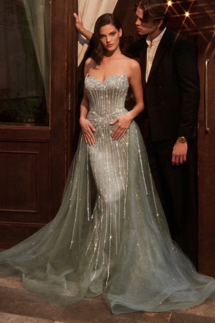 Beaded Strapless Overskirt Gown by Ladivine CB158
