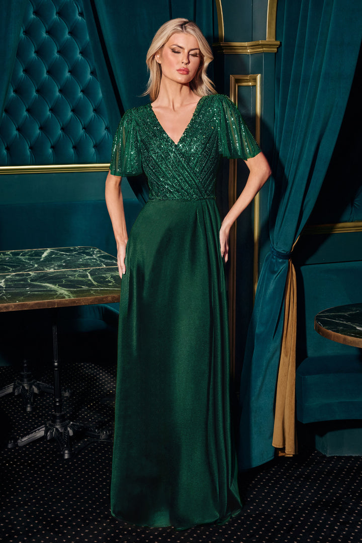 Beaded Satin Short Sleeve Gown by Ladivine CC447