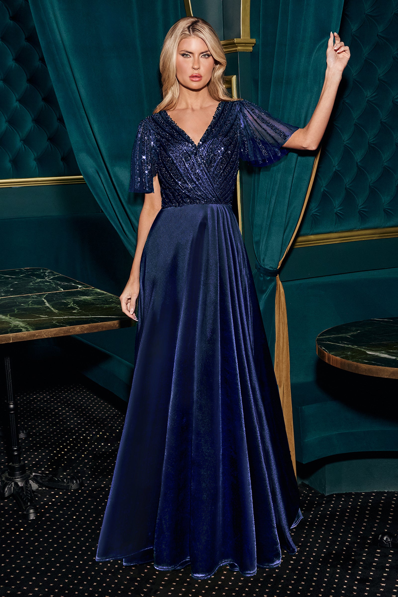 Beaded Satin Short Sleeve Gown by Ladivine CC447 – ABC Fashion