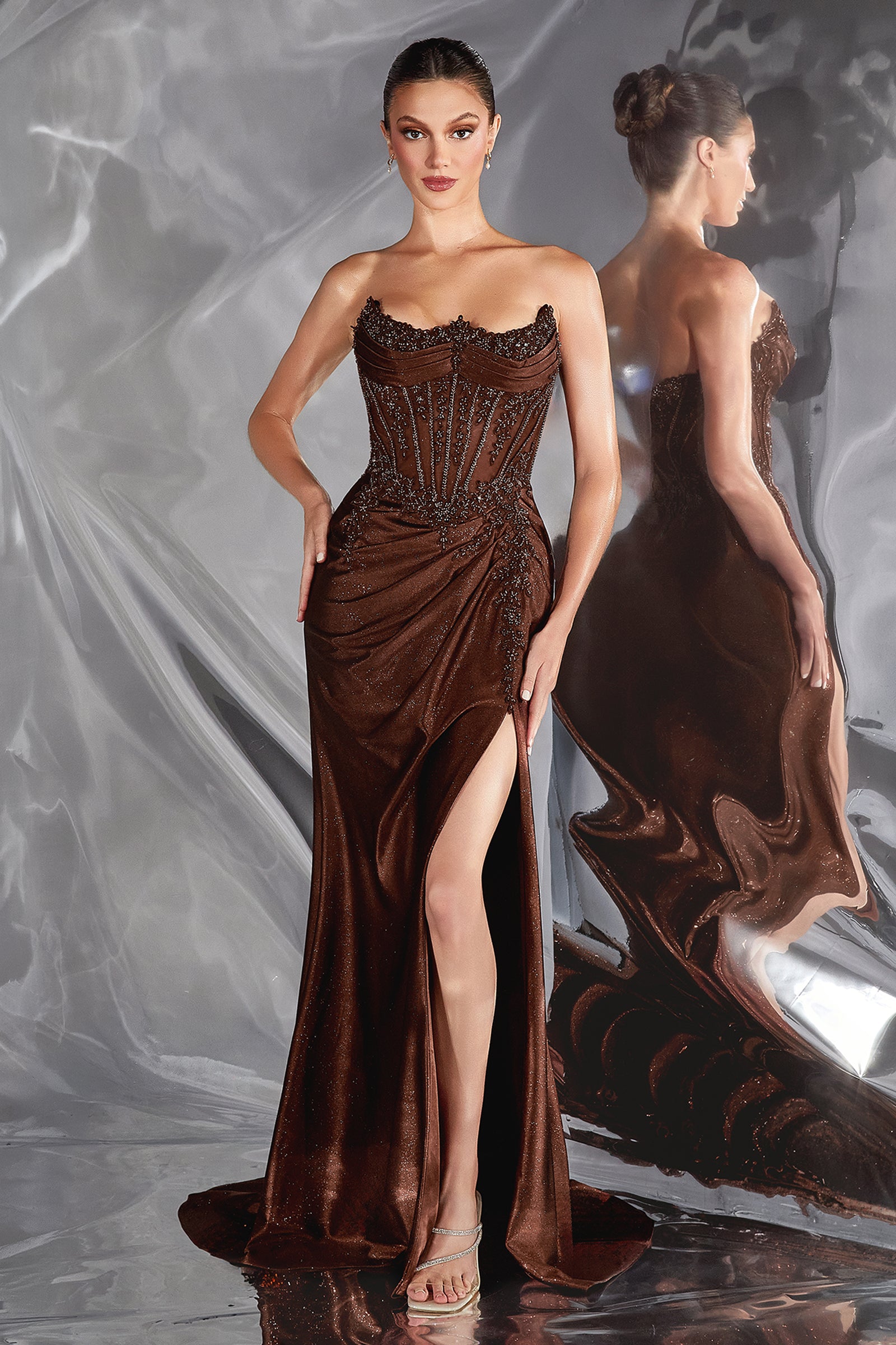 Glitter Satin Strapless Slit Gown by Ladivine CC463 – ABC Fashion