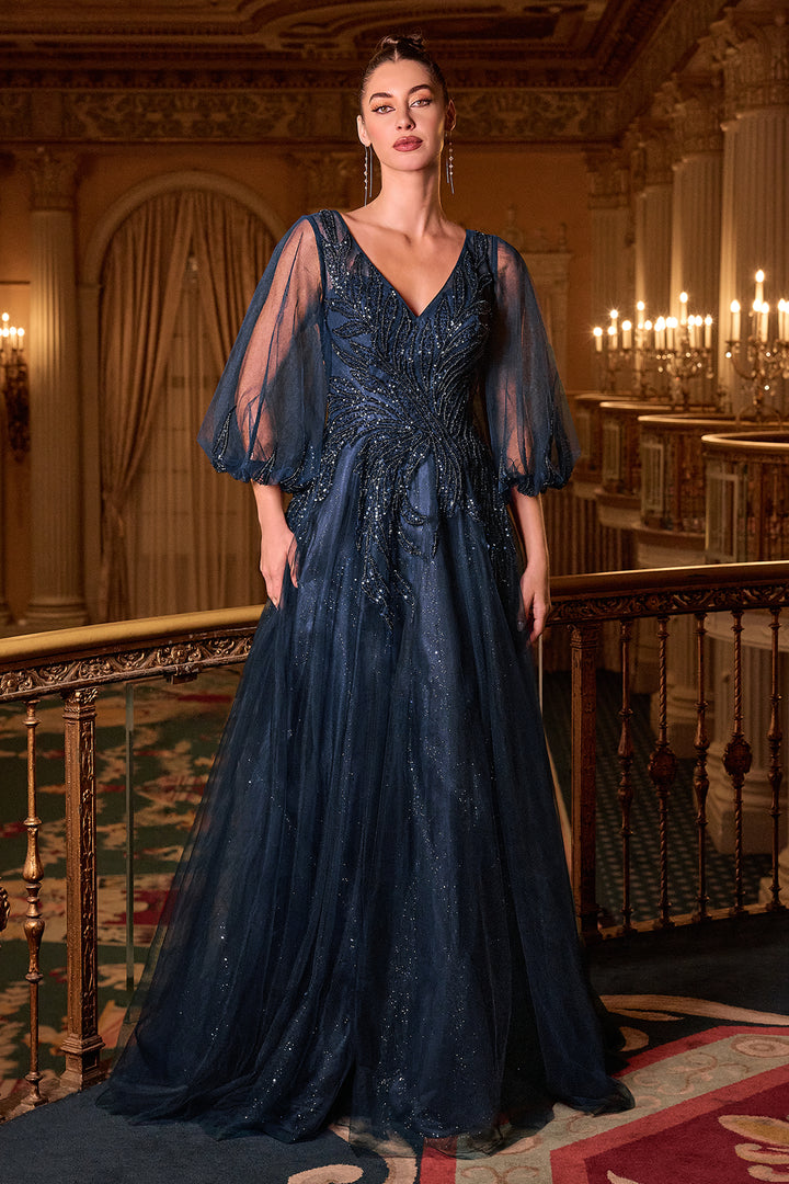 Beaded Tulle 3/4 Sleeve A-line Gown by Ladivine CD0101