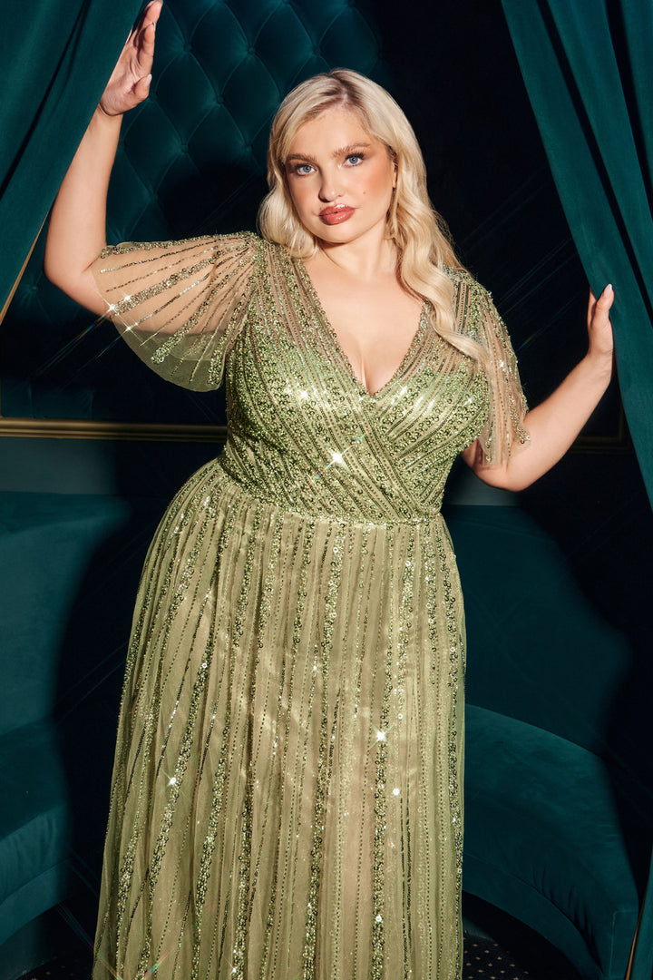 Beaded Short Sleeve A-line Gown by Ladivine CD0241