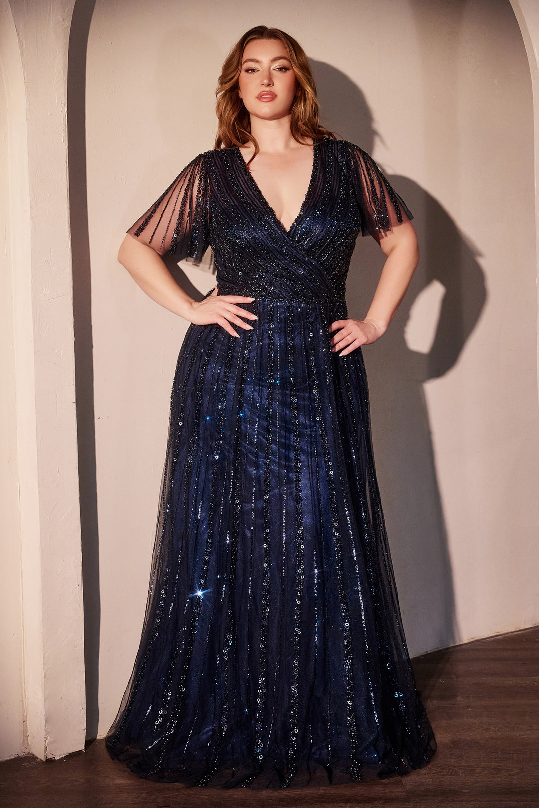 Beaded Short Sleeve A-line Gown by Ladivine CD0241