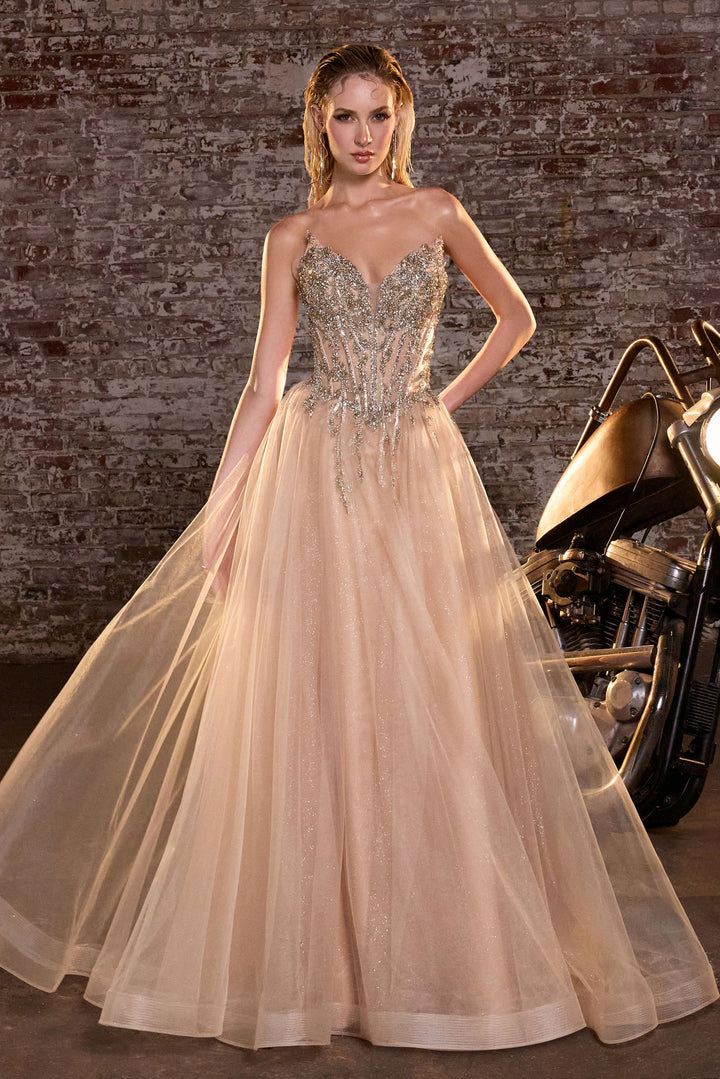 Beaded Strapless A-line Gown by Ladivine CD721