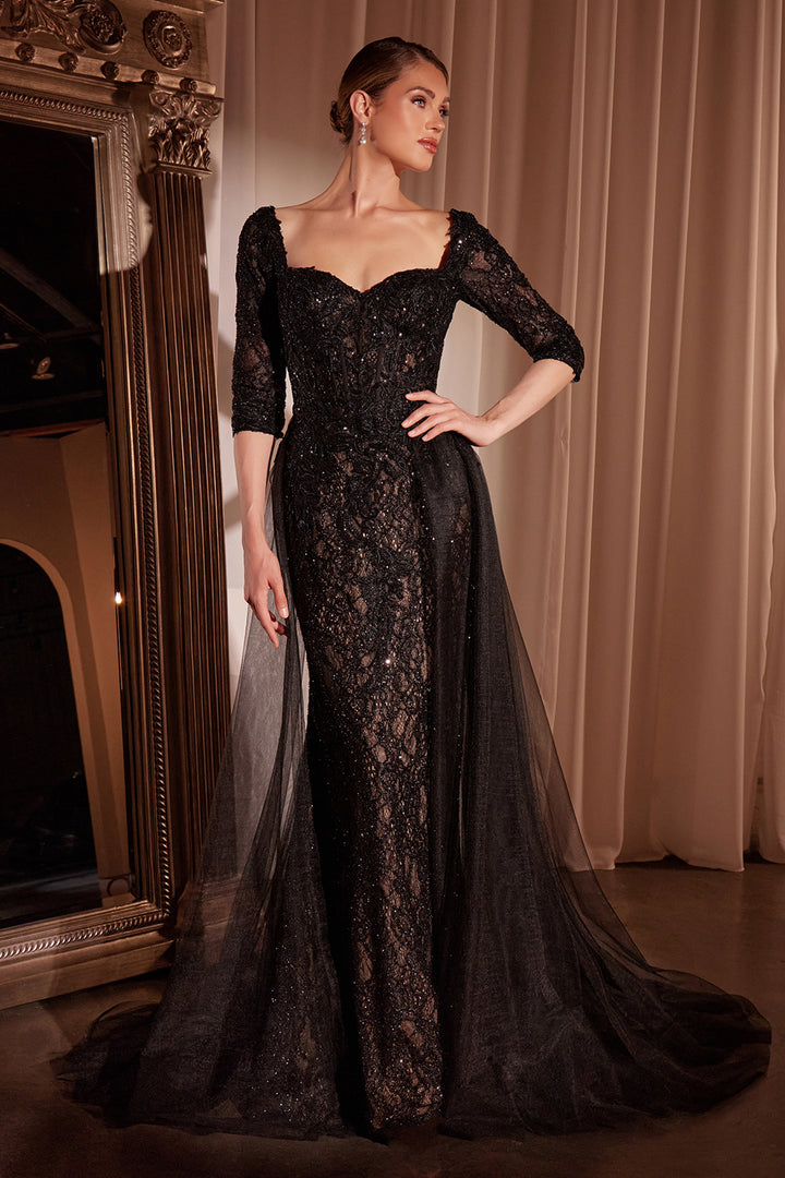 Applique Mid-Sleeve Overskirt Gown by Ladivine CD749 - Outlet