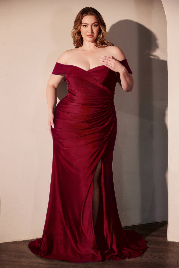 Satin Fitted Off Shoulder Slit Gown by Ladivine CD790
