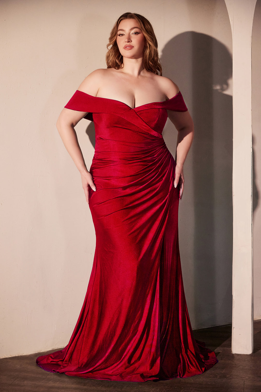 Satin Fitted Off Shoulder Slit Gown by Ladivine CD790