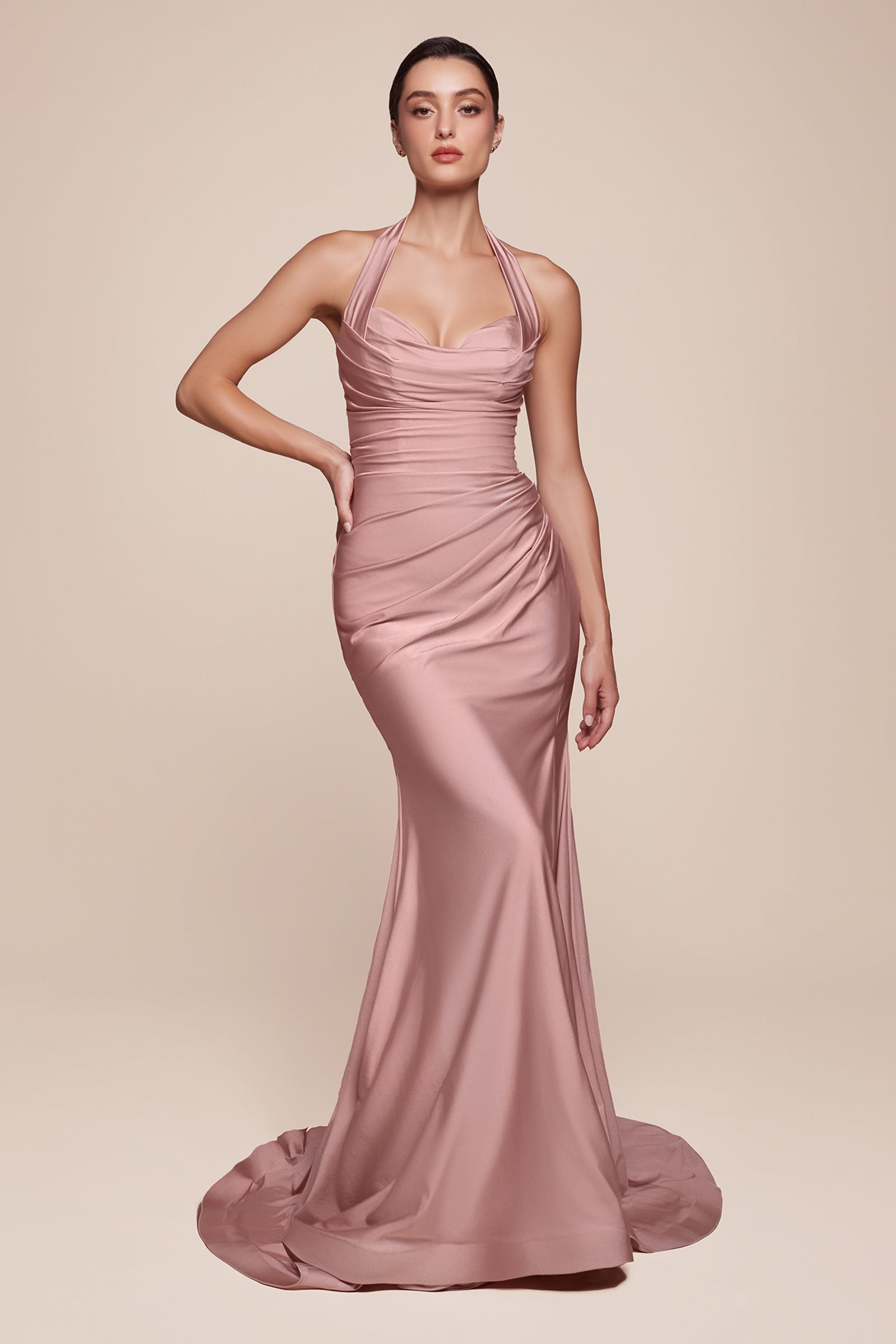 Ladivine CD796 Dress Stretch Satin Halter Fitted Gown