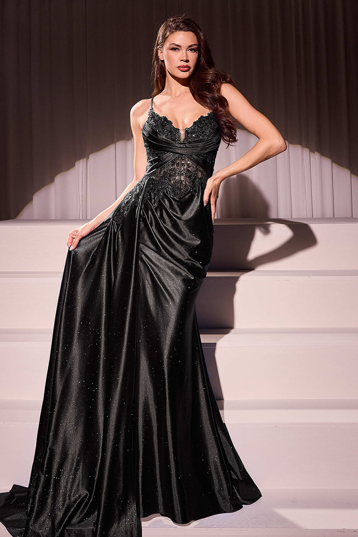 Applique Satin Sleeveless Slit Gown by Ladivine CDS524