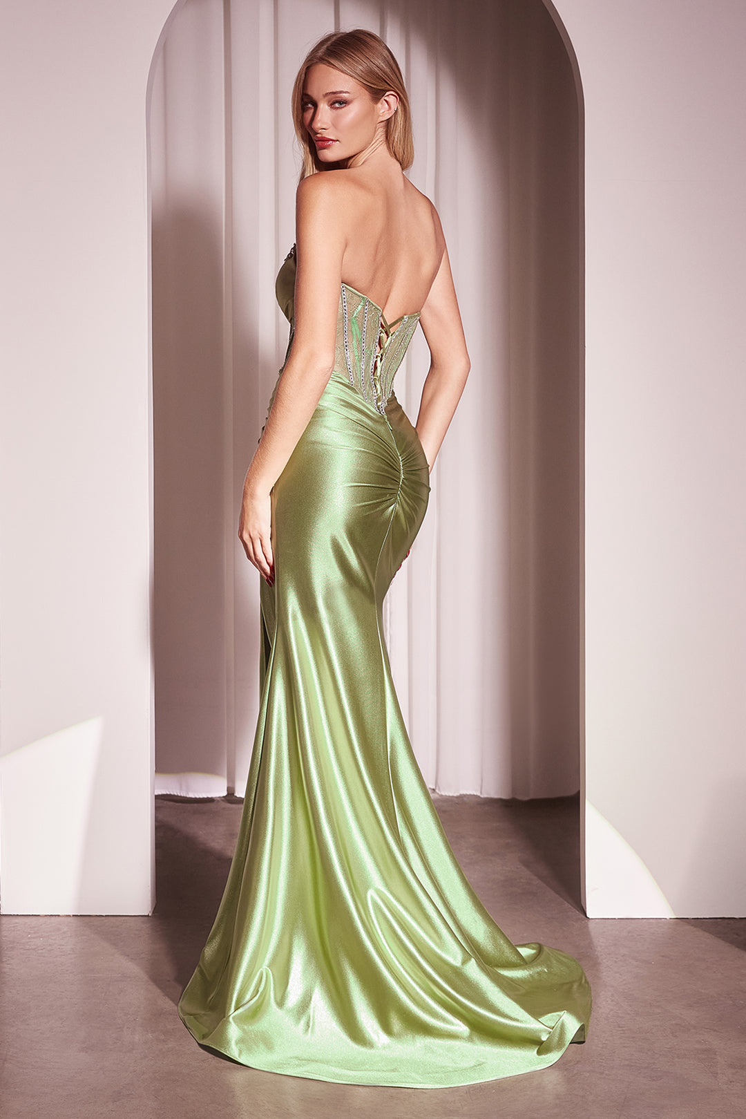 Lace Bodice Satin Strapless Slit Gown by Ladivine CM368