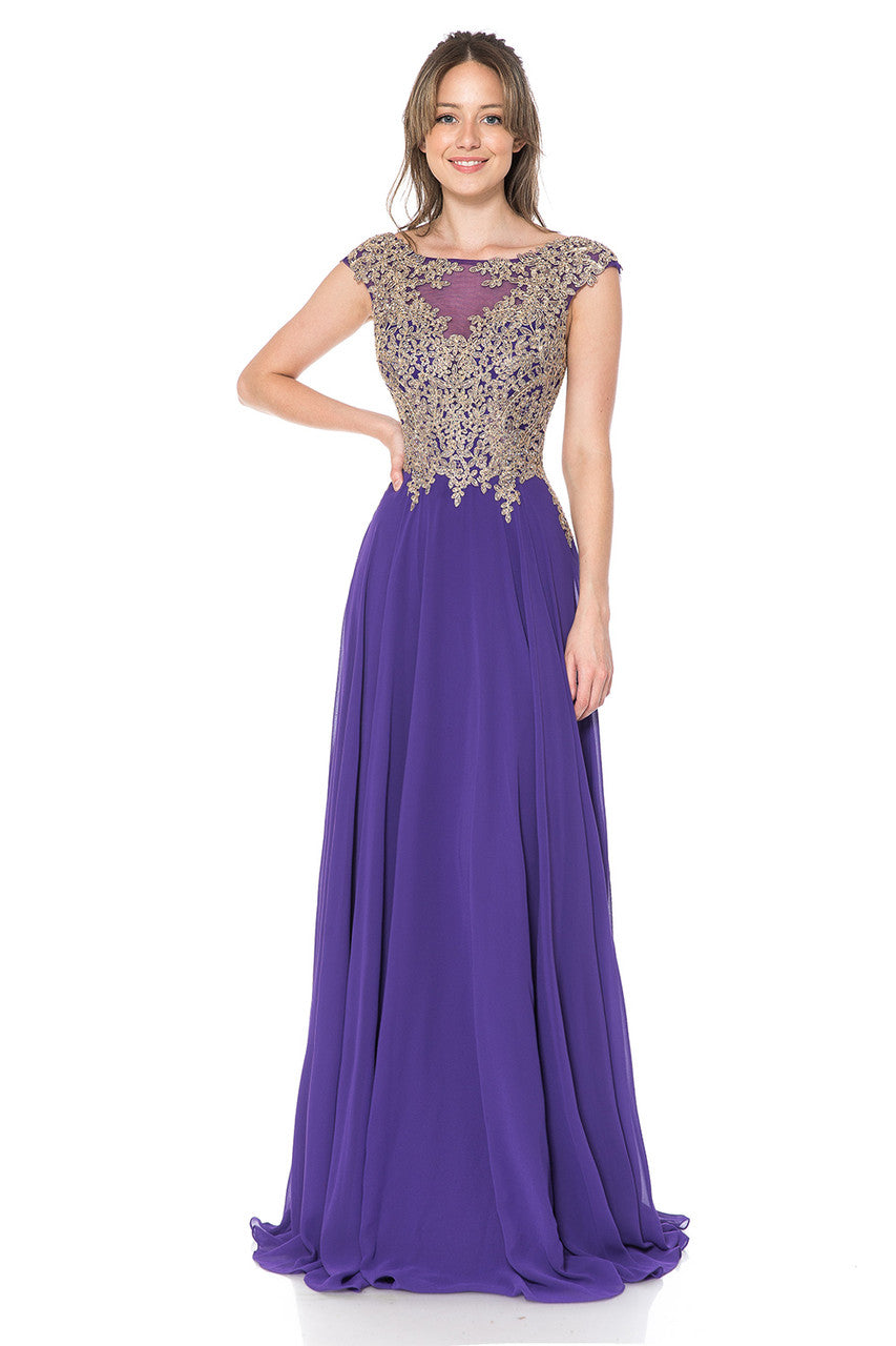 Chiffon Cap Sleeve A-line Gown by Lenovia 8123
