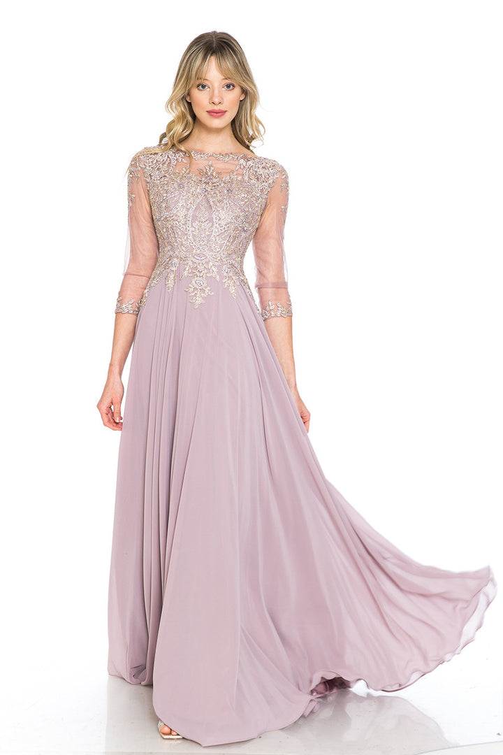Embroidered 3/4 Sleeve A-line Gown by Lenovia 8171