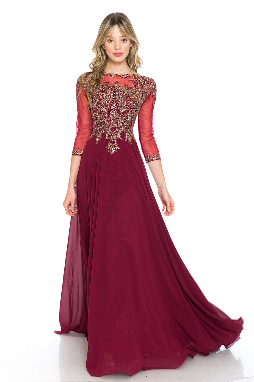 Embroidered 3/4 Sleeve A-line Gown by Lenovia 8171