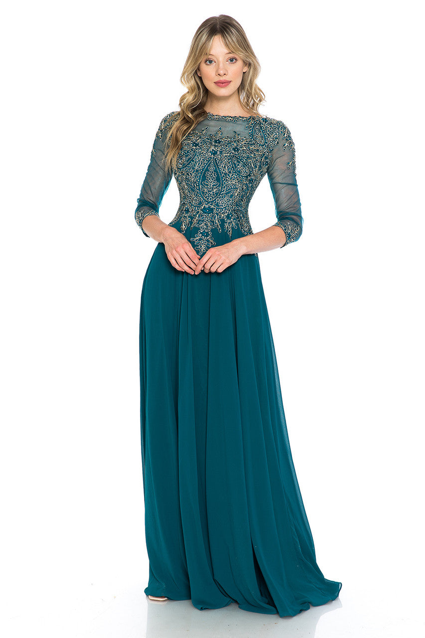 Embroidered 3/4 Sleeve A-line Gown by Lenovia 8171