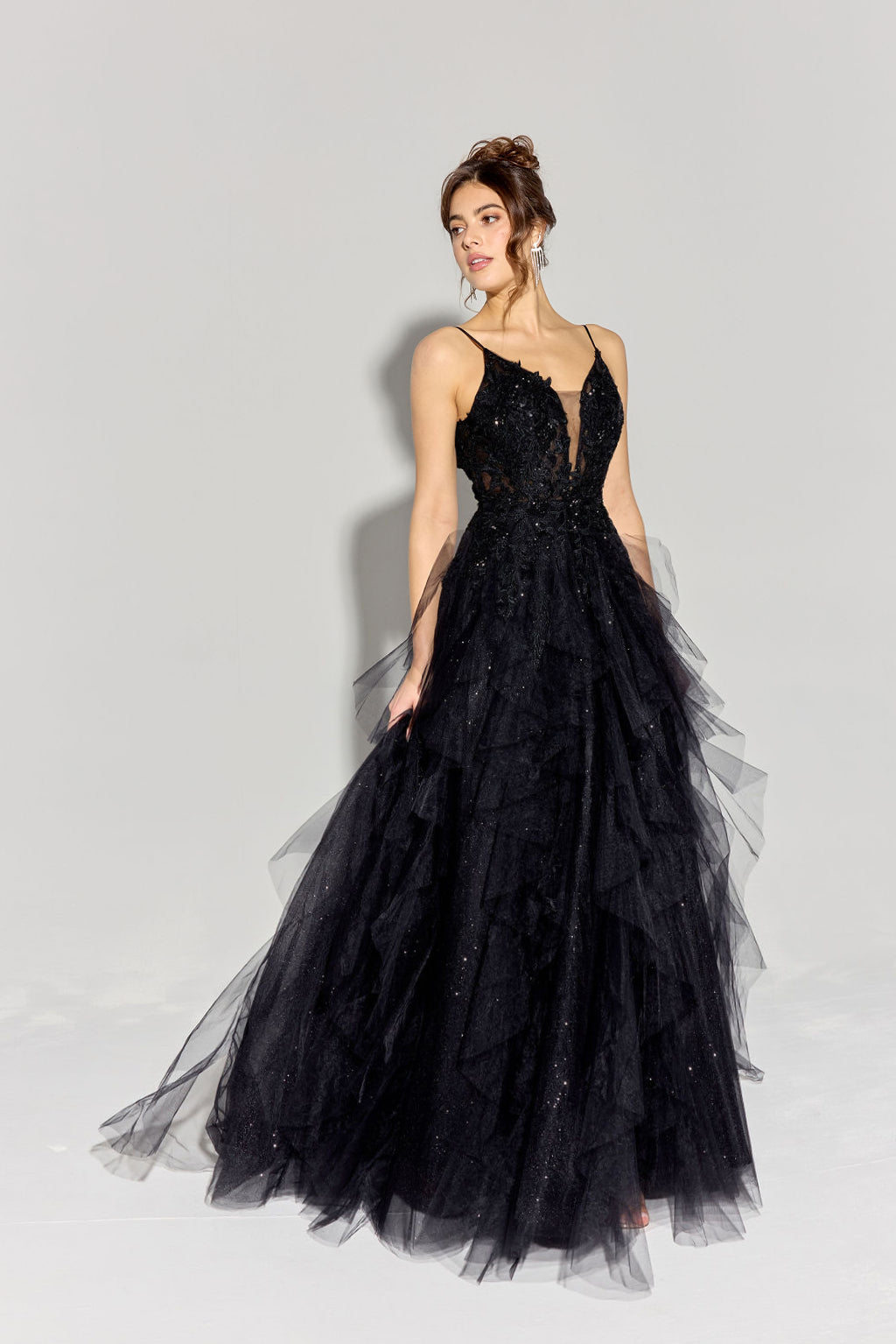Applique V-Neck A-line Tiered Gown by Eureka EK188 L / Black Applique V-Neck A-line Tiered Gown by Eureka EK188 L / Black