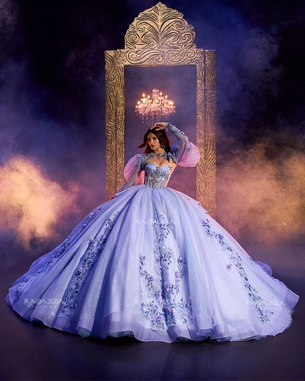 fitted lace wedding dress Puff Sleeve Quinceanera Dress by Ragazza EV77-677 9 / Lilac/Sky Blue