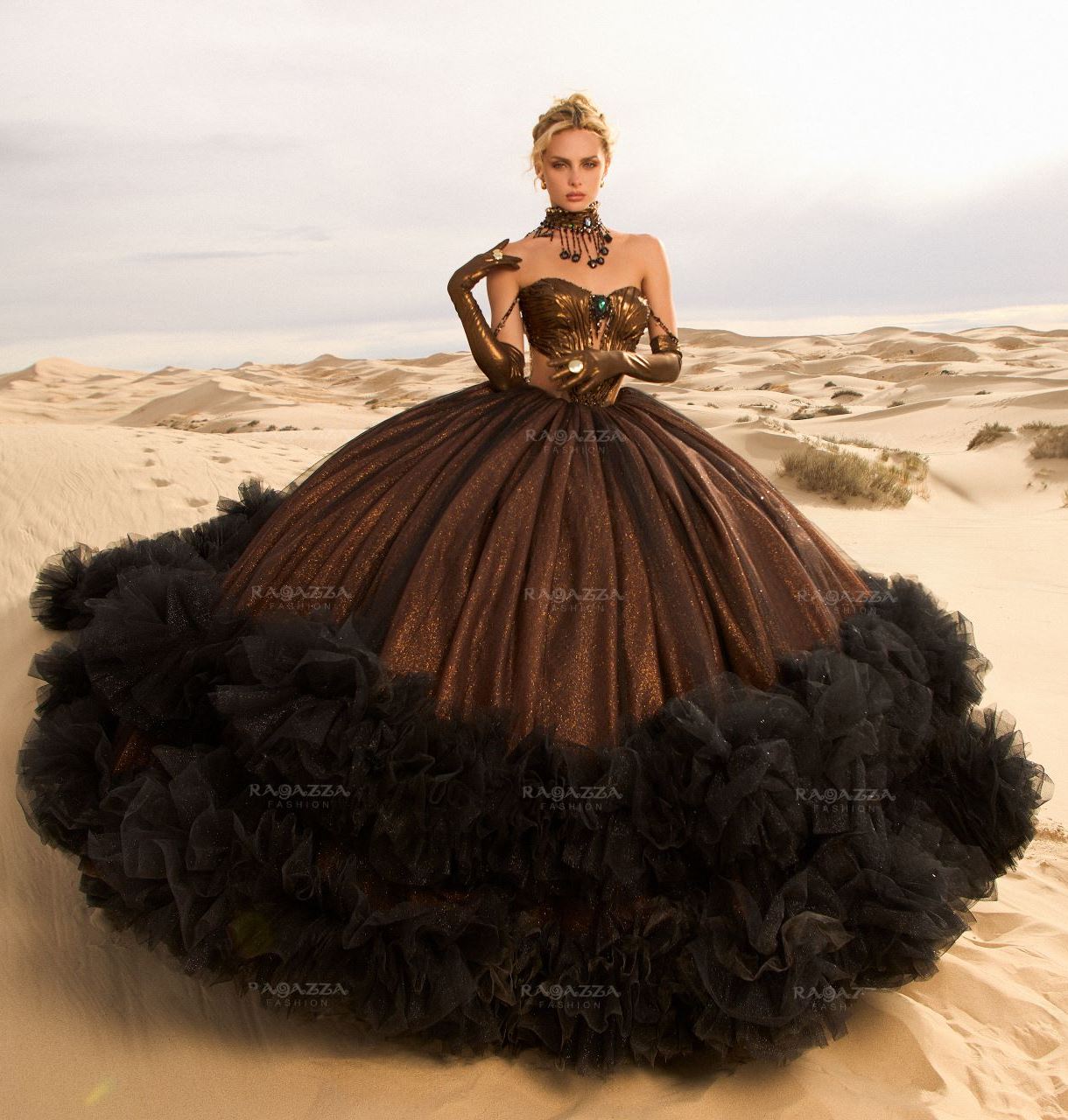 Ruffled Quinceanera Dress by Ragazza EV82-682 7 / Black/Bronze, image size:1220x1280