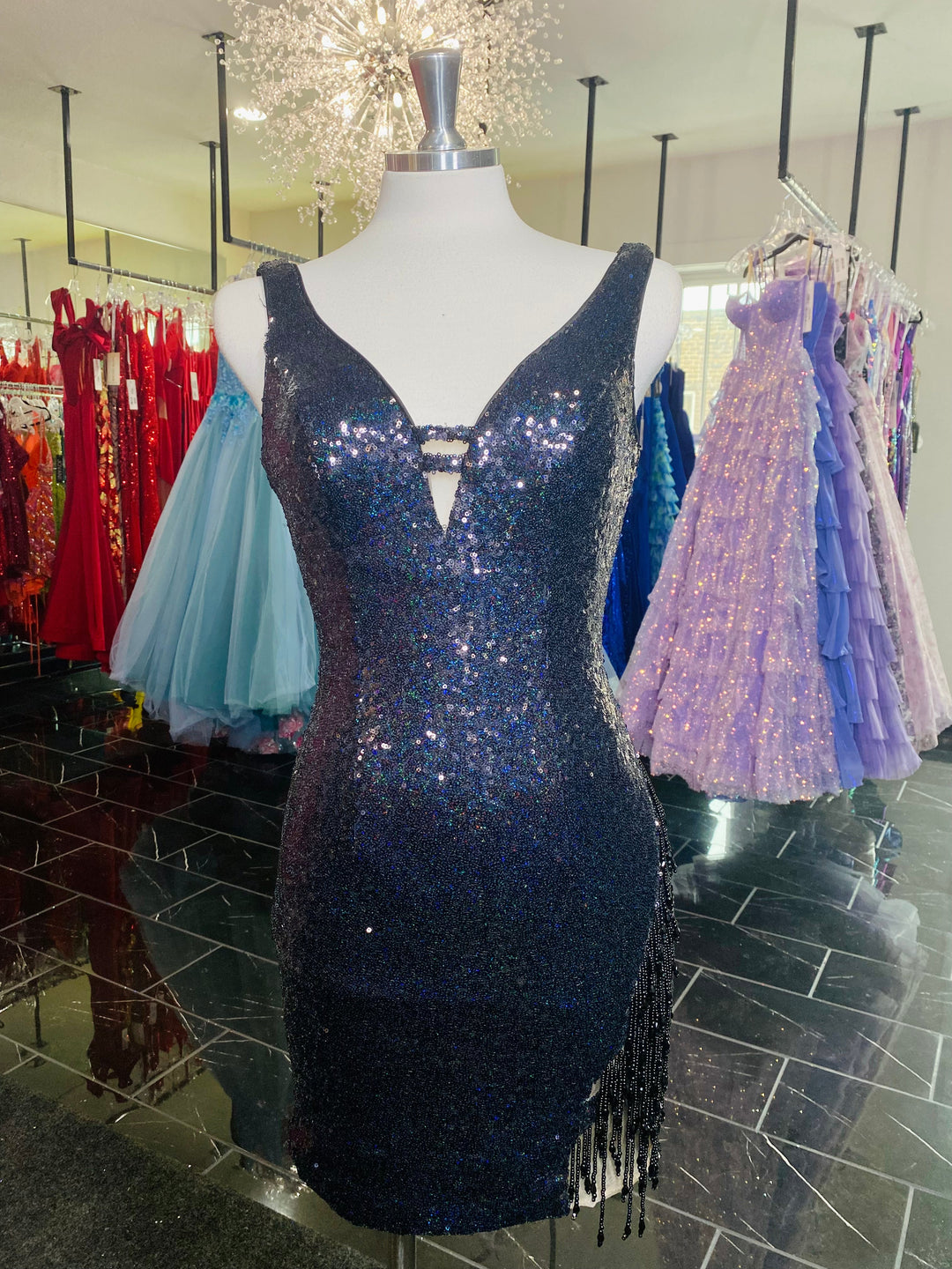 Sequin Short V-Neck Fringe Dress by Jovani 220410