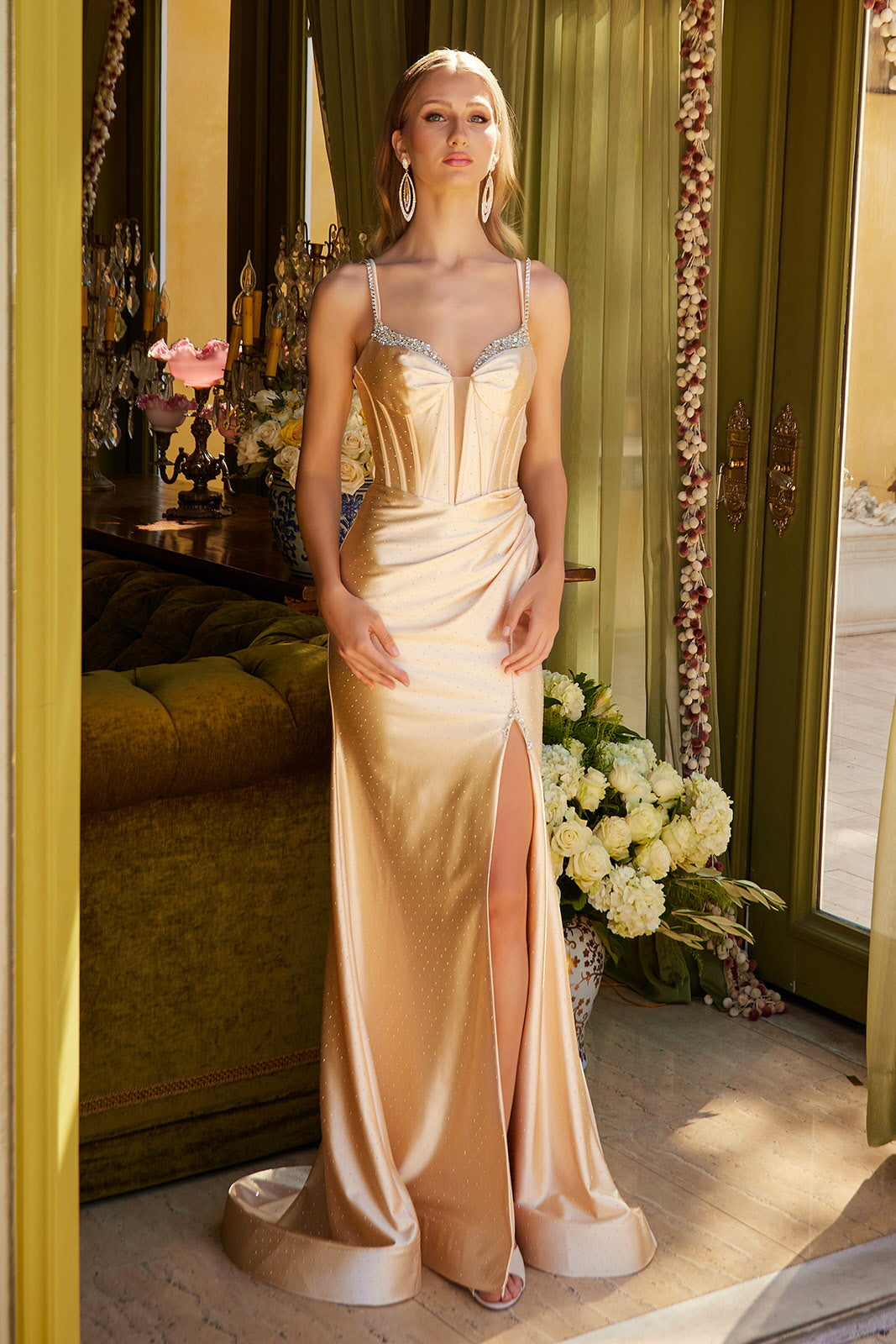 Beaded Satin Corset Gown by Elizabeth KGL3538 - 2XL / Gold Beaded Satin Corset Gown by Elizabeth KGL3538 - 2XL / Gold