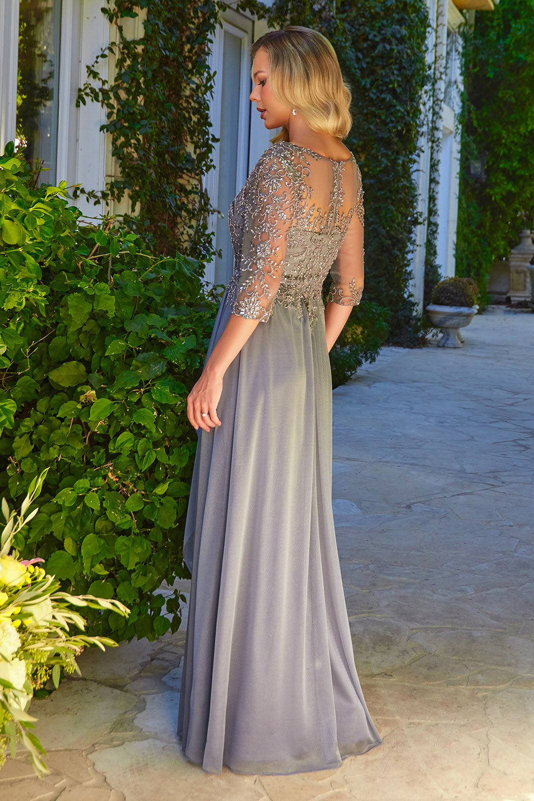 Beaded 3/4 Sleeve A-line Gown by Elizabeth K GL3574