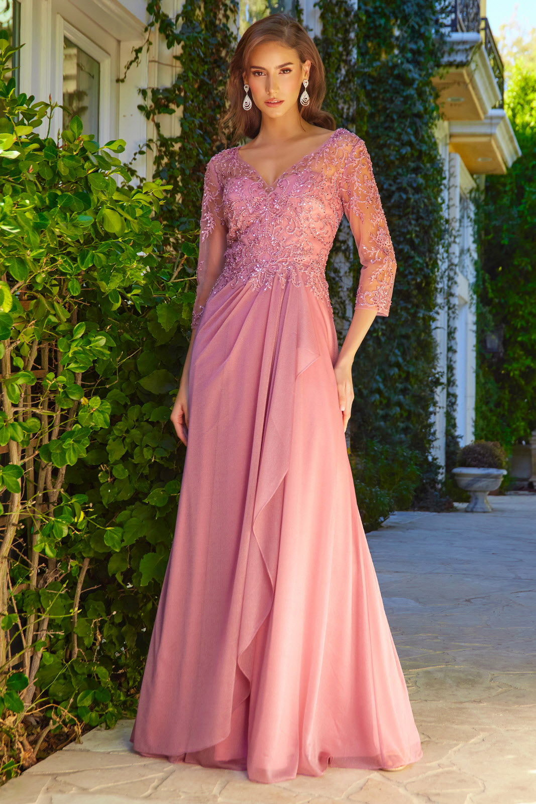 Beaded 3/4 Sleeve A-line Gown by Elizabeth K GL3574