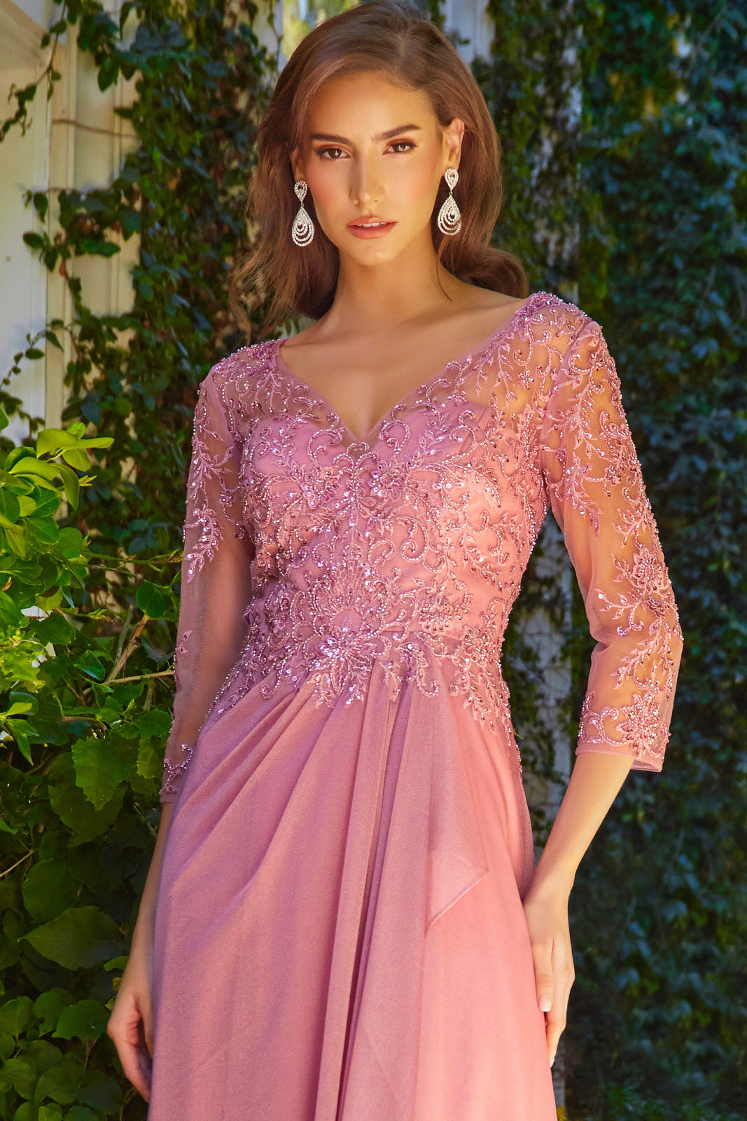 Beaded 3/4 Sleeve A-line Gown by Elizabeth K GL3574