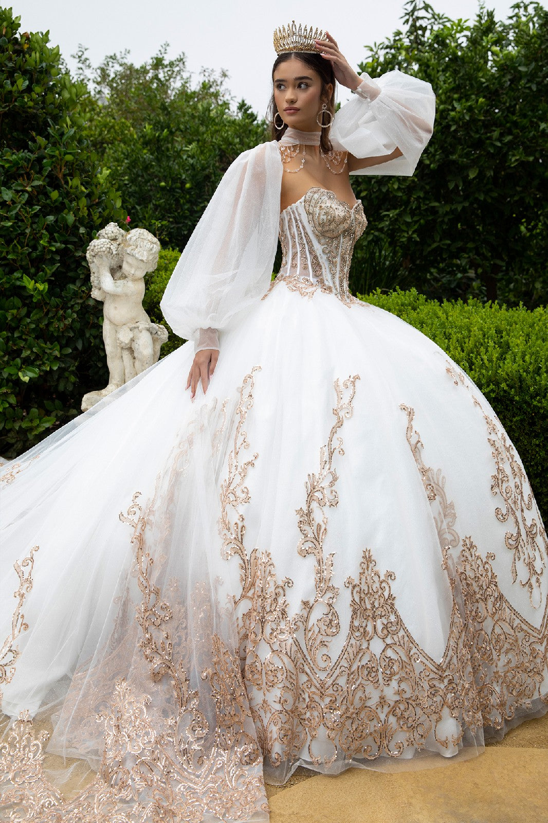 Strapless Puff Sleeve Ball Gown by GLS Gloria GL3578 S / Ivory/Gold Strapless Puff Sleeve Ball Gown by GLS Gloria GL3578 S / Ivory/Gold