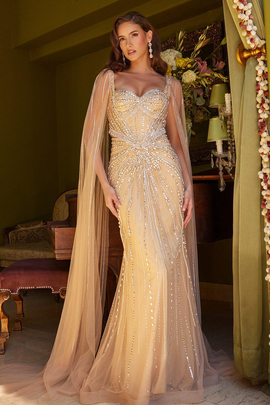 Beaded Fitted Cape Sleeve Gown by GLS Gloria GL3583 S / Gold Beaded Fitted Cape Sleeve Gown by GLS Gloria GL3583 S / Gold