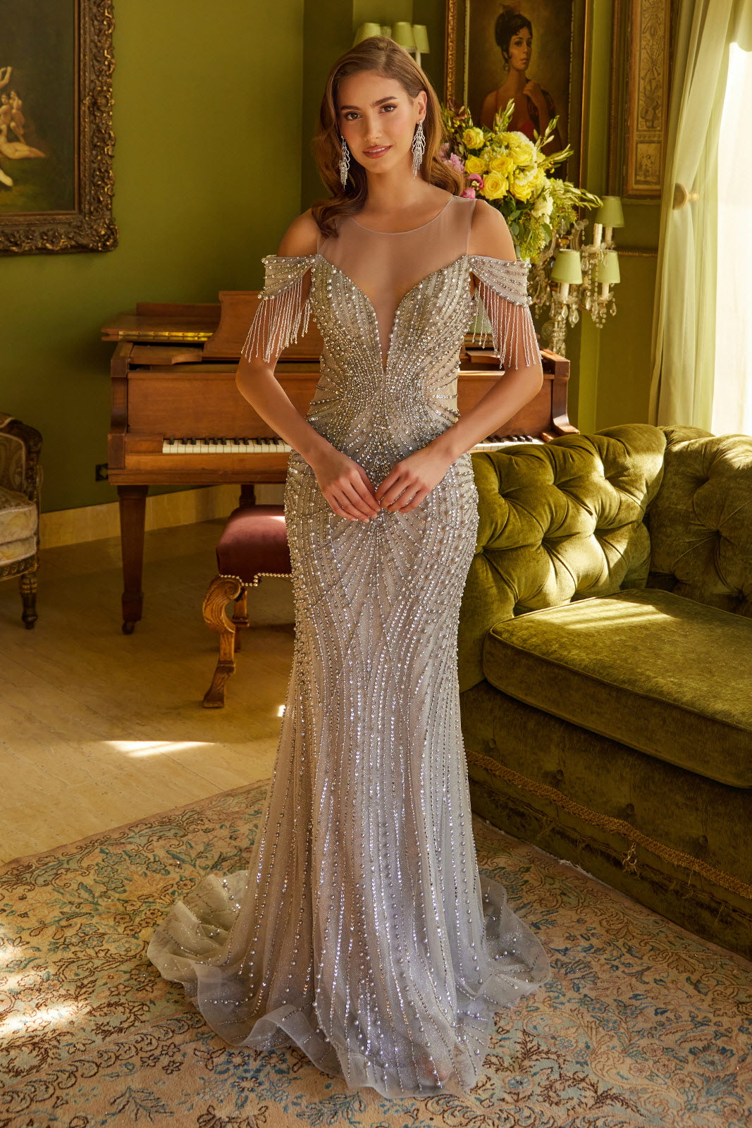 Off Shoulder Fringe Gown by GLS Gloria GL3593 3XL / Silver Off Shoulder Fringe Gown by GLS Gloria GL3593 3XL / Silver
