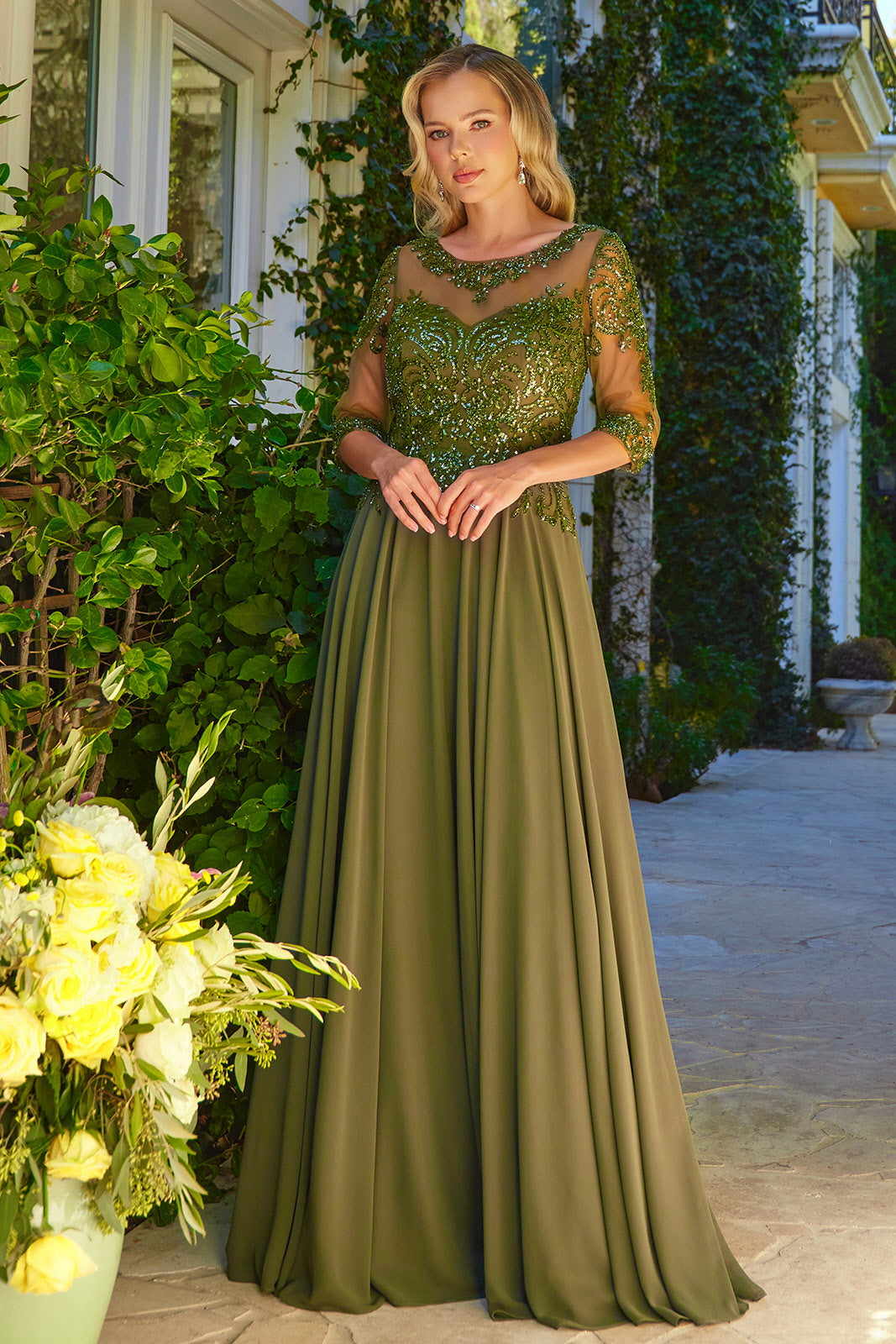 chinese dress ladies Classic Long Sleeve Chiffon Green Dress